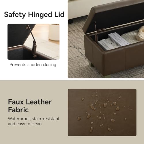 WUTUTUEE 41" Faux Leather Storage Ottoman, Stitch Tufted Rectangle Upholstered End of Bed Storage Bench, Entryway Large Couch Ottoman with Wooden Legs, Coffee - color: Coffee, size: 41 Inch