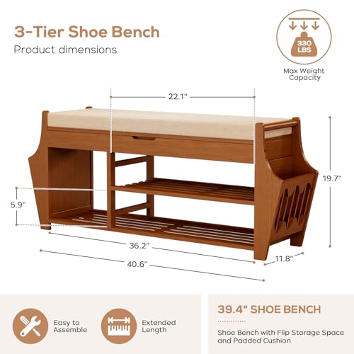 oakvivo 39.4in Shoe Bench with 2 Side Holder, 3 Tier Bamboo Entryway Bench with Storage, Shoe Rack Bench Organizer with Cushion for Entryway Hallway Living Room, Holds up to 330lbs - size: 39.4 inch