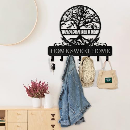 Personalized Key Holder Wall Mount | Custom Name Tree of Life Metal Key Hook | Key Hooks for Wall | Key Holder Wall Hanging | Home Metal Decor for Living Room, Front Door, Entryway - color: 03 Tree