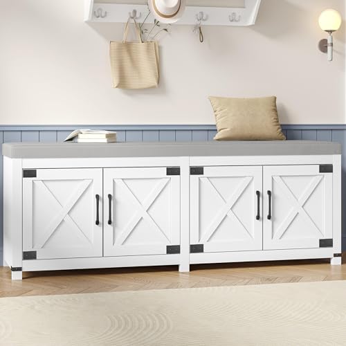 Hzuaneri Shoe Storage Bench, 2 Tier Shoe Bench with Padded Seat Cushion & 4 Barn Doors, 59" Entryway Bench with Adjustable Shelf, Farmhouse Shoe Cabinet for Living Room, Bedroom, White SB31503GY - color: White, size: 59"W