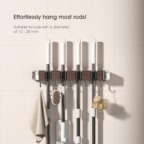 Suction Cup No Drilling Broom Holder Wall Mount, Walnut Color Mop Organizer Wall Hanging, 4 Racks 5 Hooks Tool Organizer Hanger Self Adhesive for Home, Garage, Garden, Laundry, Kitchen