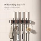Suction Cup No Drilling Broom Holder Wall Mount, Walnut Color Mop Organizer Wall Hanging, 4 Racks 5 Hooks Tool Organizer Hanger Self Adhesive for Home, Garage, Garden, Laundry, Kitchen