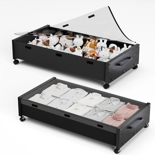KITHELP Wooden Under Bed Storage with Wheels, Rolling Under the Bed Storage Bins with Removable Lid, Metal Under Bed Drawers for Clothes and Shoes in Bedroom or Living Room(Black Wood-2pack) - color: Black wood-2pack