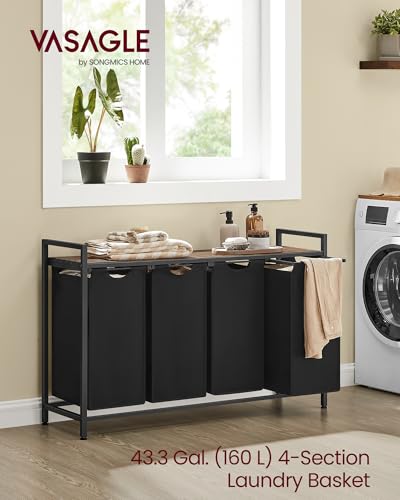 VASAGLE Laundry Hamper, Laundry Basket, Laundry Sorter with 4 Pull-Out and Removable Bags, Shelf, Metal Frame, 4 x 10.6 Gallons (40 L), 45.7 x 13 x 28.4 Inches, Ink Black and Rustic Brown UBLH401B01 - color: Black + Rustic Brown, size: 4 Bags - 160 L