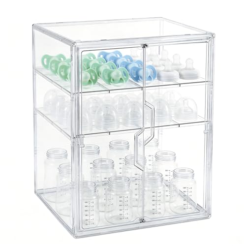 ERTIUANIO Baby Bottle Organizer – 3 Tier Acrylic Bottle Storage Organizer Container, Clear Plastic Bottle Station Organizers Drawers with Double Magnetic Doors for Countertop Kitchen Vanity, Bathroom - size: X-Large, style: 3-Tier Double-Door