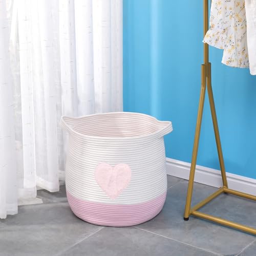 Large Cotton Rope Basket, Woven Storage Basket for Toy, Laundry and Blanket Organizer Basket, Round Hamper Basket with Handles for Kid's Room 17.7"x16.9" (Pink Heart) - color: pink, style: Cottage