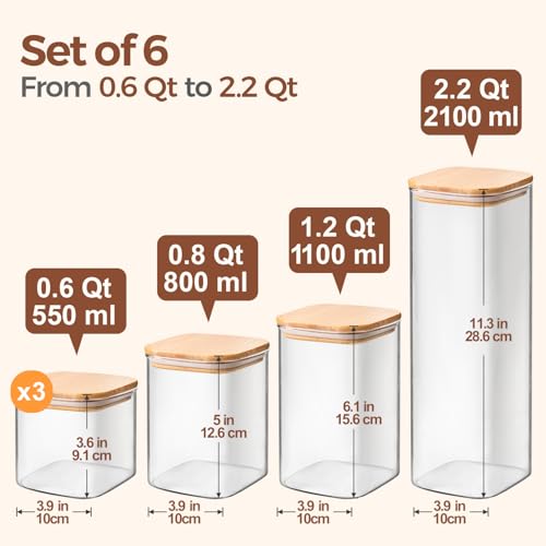ComSaf Food Storage Containers with Airtight Lids Set of 6, Clear Glass Canister Food Jar with Sealing Lid Kitchen Pantry Storage Container for Spaghetti Pasta Sugar Flour Oat Cereal Beans, Square - size: 0.6Qt*3/0.8Qt*1/1.2Qt*1/2.2Qt*1