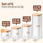 ComSaf Food Storage Containers with Airtight Lids Set of 6, Clear Glass Canister Food Jar with Sealing Lid Kitchen Pantry Storage Container for Spaghetti Pasta Sugar Flour Oat Cereal Beans, Square - size: 0.6Qt*3/0.8Qt*1/1.2Qt*1/2.2Qt*1