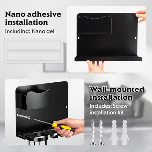SPOKKI Floating Bedside Wall Shelf Organizer with Remote Control Holder;Metal Adhesive Wall Mount Nightstand Shelf for Bedroom;Dorm Room Essentials;Bed Shelf for Phone,Earphone,Kindle (Black) - color: Black