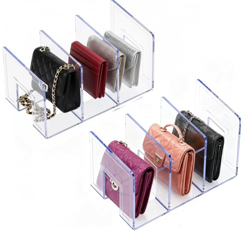YAGELI Clear Acrylic Purse Organizer for Closet, 3-4 Section Desk File Sorter, 2.95" Wide Slots for Clutches, Handbags, Binders & Folders, Sturdy Stackable Bookshelf Organizer, 2-Pack (3 Sections) - size: 3 Sections-2 pack