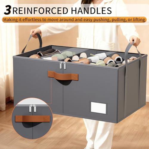 2 Pack Shoe Organizer for Closet, Foldable Shoe Storage Organizer with Clear Cover, Lable and Reinforced Handles, Space Saving Shoes Box Fits up to 20-40 Pairs, Gray - color: Gray-2 Pack, size: 25 ½"L x 17"W x 12 ½"H