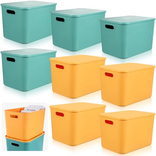 Hoolerry 8 Pieces Colorful Storage Bins with Lid, Plastic Storage Basket Organizing Container Stackable Box with Handle for Shelves Desktop Playroom Office(14.2 x 10.2 x 9.5 Inch,Green and Yellow) - color: Green and Yellow, size: 14.2 x 10.2 x 9.5 Inch