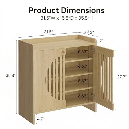 LIKIMIO Shoe Cabinet with Adjustable Shelves, 4-Tier Shoe Storage Cabinet with Slatted Doors, Freestanding Wooden Shoe Cabinet Storage for Entryway, Hallway, Living Room, Oak Natural - color: Oak Natural