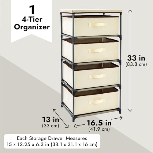 Juvale 4-Tier Dresser for Bedroom - 16.5 in L x 13 in W x 33 in H, Beige, Metal & Fabric - Freestanding Closet Organizer with Fabric Storage Drawers - Narrow Dresser & Cabinet with Drawers - color: Beige