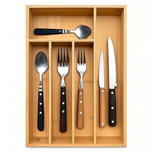 guiogc Kitchen Bamboo Silverware Drawer Organizer，Silverware Organizer and Cutlery Tray with Grooved Drawer Dividers for Silverware, Knives in Kitchen, Bedroom (5 Slot-Natural) - size: 5 Slot