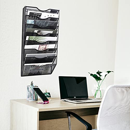 EASEPRES 8 Pocket Mesh Hanging Wall File Organizer, Wall Mounted Mail Paper Document Folder Holder, Clipboard Storage Organization Magazine Rack with Nametag Label for Office Home School, Black - color: Black, size: 8 Tier