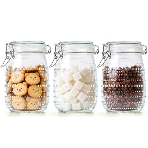 ComSaf 34oz / Set of 3 Glass Small Kitchen Canisters for Coffee Bar & Countertop,Decorative Apothecary Jars for Coffee Station,Embossed Storage Containers for Tea, Sugar, and as a Housewarming Gift - size: 34oz/3pcs