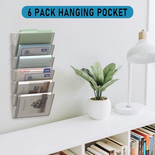 MINDEPOT 6 Pockets Acrylic Wall File Organizer, Clear Wall File Holder, Plastic Hanging Wall File Holder for Office, School and Home, Smoky - color: Smoky, size: 6Pack