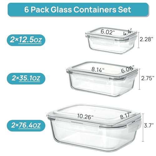 Vtopmart 2.26L/76oz Extra Large Glass Food Storage Containers with Lids, 6 pack Meal Prep Container Set, Airtight Lunch Boxes with Snap Locking Lids for Microwave, Oven, Freezer, Dishwasher - size: 6pack mixed sizes