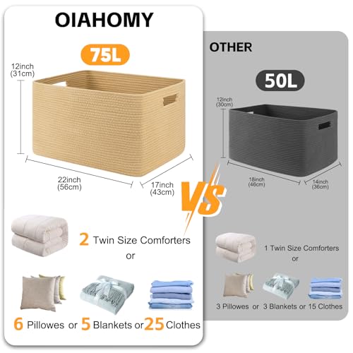OIAHOMY 75L Large Blanket Basket, Woven Cotton Rope Baskets for Organizing 22”x17”x12”, Blanket Basket living Room, Toy Storage Bins for Nursery, Yellow - color: Yellow, size: 22”x17”x12”