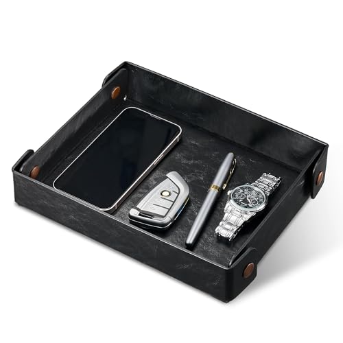 Catch All Valet Tray - EDC Organizer for Key, Wallet, Watch, Jewelry, Phone, coin change | Faux Leather Storage Tray for Dresser, Nightstand, Desk, Entryway, Travel Storage | Black - color: Black