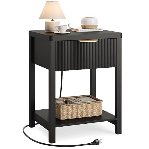 Lulive Modern Black Night Stand, Fluted Nightstand with Charging Station, Wood Modern Bedside End Table with Storage Drawer for Bedroom, Save Space (Set of 1, Black) - color: Black, size: 1 Drawer-Set of 1 Nightstand