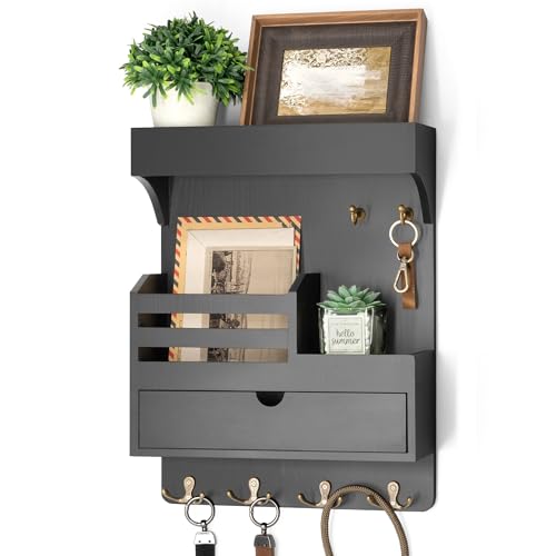 Rebee Vision Modern Key Holder Wall Mount with Drawer Organizer - Pine Wood Mail and Key Organizer with 6 Keys Hooks and Floating Wall Shelf - Stylish Home Decor for Apartment (Black) - color: Black, style: Large Drawer
