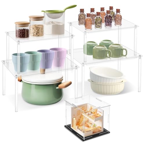Clear Cabinet Organizer, 4 Pack Acrylic Cabinet Organizer and 1PC Acrylic Display Box, Stackable Spice Rack Organizer Shelf for Kitchen Dishes, Spices, Soda Cans and Bottles
