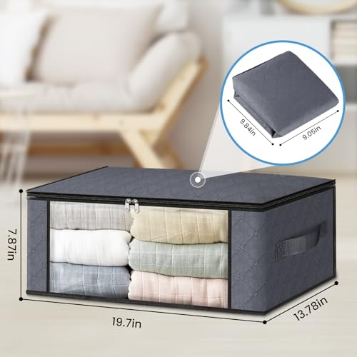 HomeHacks Storage 3-Pack Clothes Organizer Storage Bags Foldable Storage Box with Large Clear Window Sturdy Handles for Closet, Dorm, Pillows, Bedding, Clothes, Blankets, 35L, Gray - color: Gray