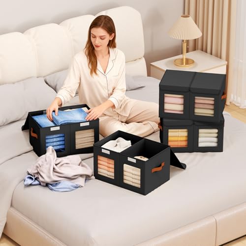 Homsorout Large Closet Storage Bins - Collapsible Divided Clothes Organizer with Lids & Dual Window, Fabric Organizing Bins for Clothes, Sweater, Bedroom, Office (Black, 3 Pack) - color: Black, size: L(3-Pack)