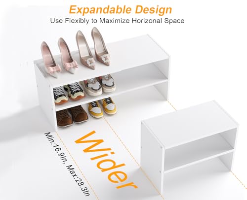 White Shoe Rack Organizer for Closet, 2-Tier Expandable Shoe Shelf, Stackable Iron Wood Combination Small Shoe Racks Shelves for Closets, Entryway,Small Space,Hallway,Bedroom,Bathroom,6-12 Pairs - color: White, size: 1 Pack (2 Tier)
