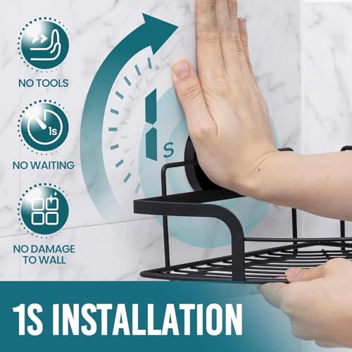 TAILI Powerful Suction Cup Corner Shower Caddy 2 Pack, Stainless Steel Rustproof Shower Shelf with Hook, Drill-free Wall Mounted Basket, Large Capacity Removable Suction Cup Bathroom Organizer, Black - style: Corner Caddy, Black