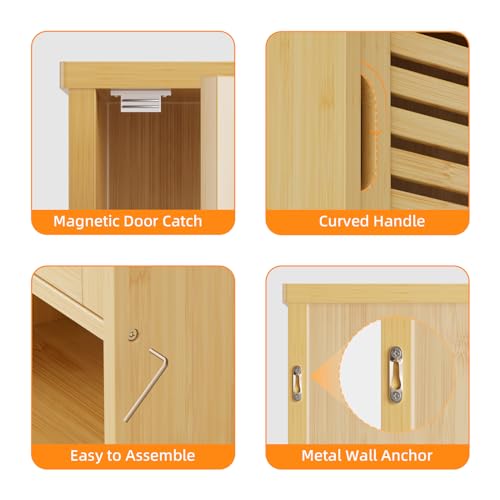 HITNET Bathroom Wall Cabinet, Medicine Cabinet Over the Toilet, Bamboo Hanging Storage Organizer with Single Door and Open Bottom Shelf, for Kitchen Living Room, Natural - color: Natural
