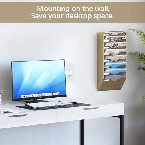 EasyPAG 8 Pocket Mesh Wall File Organizer, Hanging Paper Folder Holder with Classify Label, Vertical Wall Mount Mail Organizer for Office Home Classroom, Gold - color: Gold, size: 8 Tier