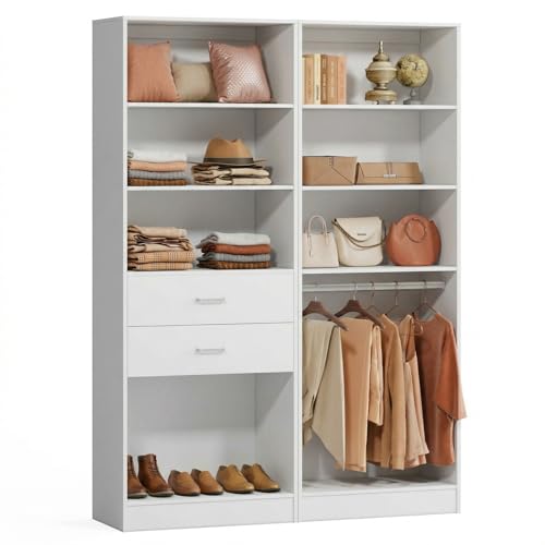 VOWNER 50'' Freestanding Closet System with Drawers & Adjustable Shelves & Rod, Wood Walk in Closet Organizer System, Shelving Unit, Garment Rack, Armoire Wardrobe Closet Bedroom White, BC - color: White