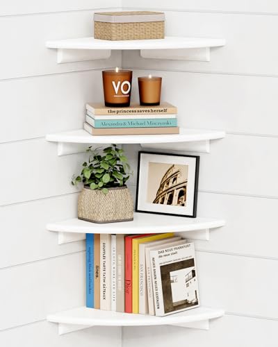 Forbena Corner White Floating Book Shelves for Wall Set of 4, Wood Nursery Corner Bookshelf for Kids Bedroom, Large Modern Round Wall Bookshelves for Living Room Decor, Indoor Plants, Bathroom - color: 1. White, size: 12" Depth