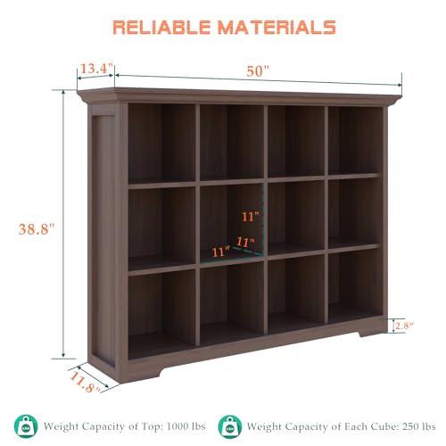 OSCHF Cube Shelf Bookcase with Base - Wooden 3 Tiers Floor Standing Low Storage Cabinet for Home and Office, 12-Cube Lattice Bookshelf, Walnut - color: Walnut, size: 12-Cube