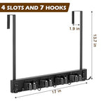 Mop and Broom Holder Over the Door, Wood Broom Hanger, Broom and Mop Organizer with 4 Slots and 7 Hooks, Drilling-Free Mop and Broom Holder for Garage, Laundry Room, Broom Hanger and Storage Tool