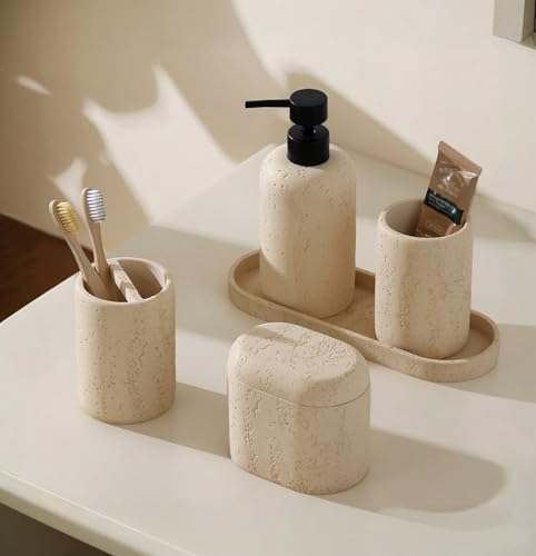 Bathroom Accessories Set, Travertine Stone-Look, 5 PCS Bathroom Accessory Set with 13.53 OZ Soap Dispenser, Toothbrush Holder, Tumbler, Vanity Tray, Cotton Swab Jars for Countertop (Yellow) - color: Yellow 5 Pcs
