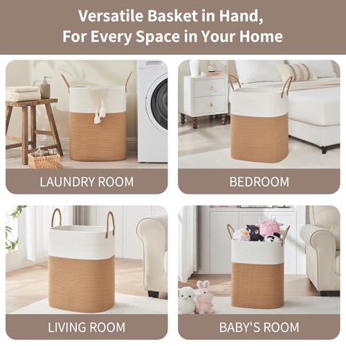 AINUOQI Laundry Basket with Handles - Blanket Basket & Hampers for Bedroom Aesthetic, Laundry Hamper & Blanket Storage for Living Room, Clothes Hamper, Tall, Large 17" x 14" x 22”, White & Jute - color: White & Jute, size: 85L