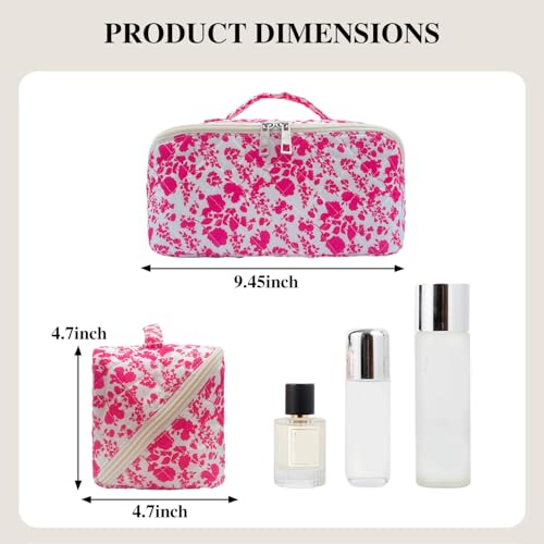 Rose Red Large Quilted Floral Makeup Bag Cute Coquette Aesthetic Cosmetic Bag Open Flat Travel Toiletry Make up Bag for Women - color: C-lay flat rose red