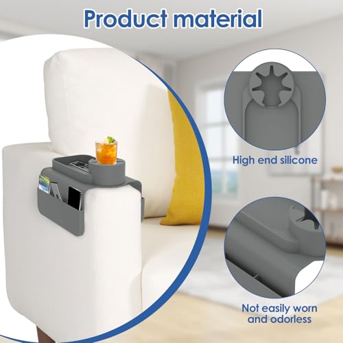 Silicone Sofa Armrest Tray with Dual Side Pockets, Anti-Slip Couch Cup Holder, Silicone Armchair Cup Holder for Drinks, Phone & Snacks, Arm Organizer for Living Room, Recliner, Car (Grey) - color: Grey