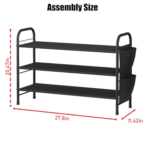 3 Tier Shoe Rack with Side Pockets, Shoe Organizer Space Saver Storage for 7-9 Pairs Shoes Storage Shelf Sturdy Free Standing Metal Long Shoe Holder Organizer for Closet, Entryway Black - color: Black, size: 3 Tier