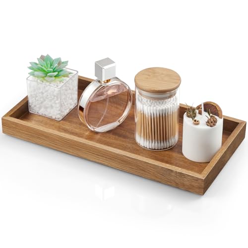 ALELION 13" Bathroom Vanity Tray for Counter - Acacia Wood Decorative Tray for Toilet Tank Makeup Perfume Jewelry Catchall Coffee Table - Wooden Kitchen Countertop Organizer for Soap Dispenser - color: Acacia, size: 6.5" x 1.2" x 13"