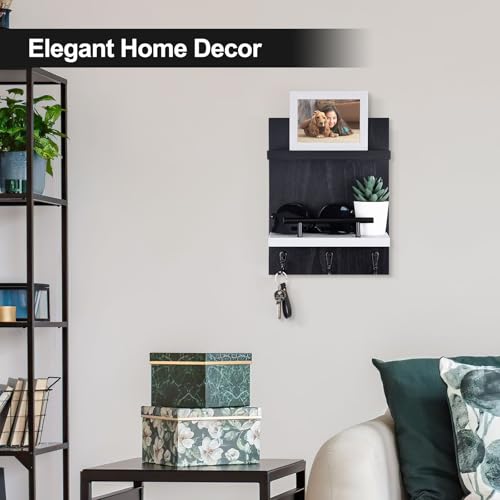 Key Holder Wall Mount, Key Holder With 2 Display Shelf, 3 Hooks for Key, Coat, Dog Leash, Key Hanger with Hook for Mail, Potted Plant, Farmhouse Mail Holder, Entry Way Organizer (Black & White) - color: Black & White