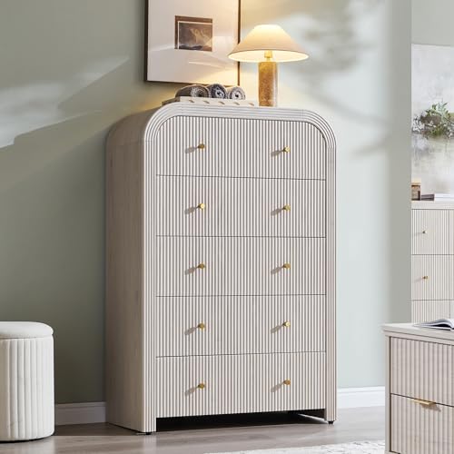 T4TREAM Fluted Dresser with 5 Drawers, 48" Tall Modern Chest of Drawers with Thickened Curved Profile Design, Wood Closet Clothes Storage Organizer for Bedroom, Living Room, Hallway, Alder White - color: Alder White, size: 15.7"D x 31.5"W x 47.6"H (5 Draw