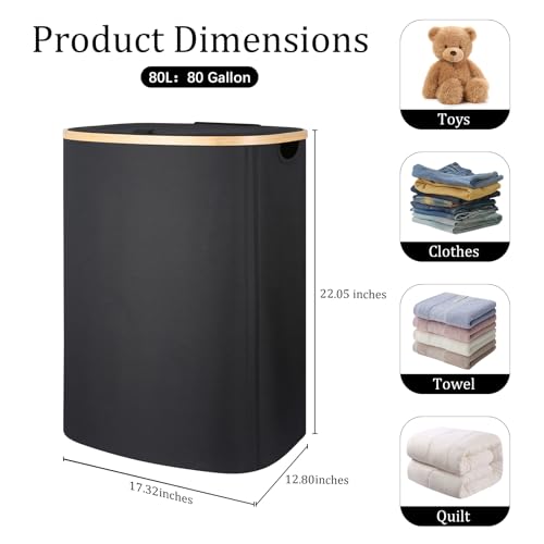 Slim Laundry Basket with Lid, 80L Narrow Laundry Hamper with Removable Bag, Clothes Hampers for Laundry with Bamboo Handles for Bathroom, Bedroom, Dorm & Laundry Room - color: Black, size: 80L