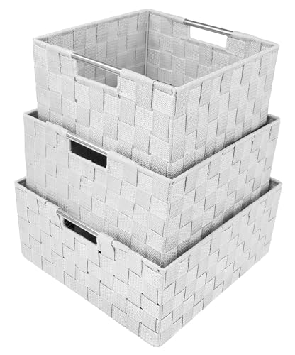 Sorbus Storage Box Woven Basket Bin Container Tote Cube Organizer Set Stackable Storage Basket Woven Strap Shelf Organizer Built-In Carry Handles (White) - color: White