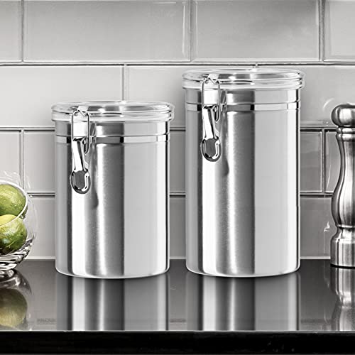 Oggi Stainless Steel Kitchen Canister 62 fl oz - Airtight Clamp Lid, Clear See-Thru Top - Ideal for Kitchen Storage, Food Storage, Pantry Storage. Large Size 5" x 7.5". - color: Stainless Steel, size: 62 Fluid Ounces, style: Airtight Canister