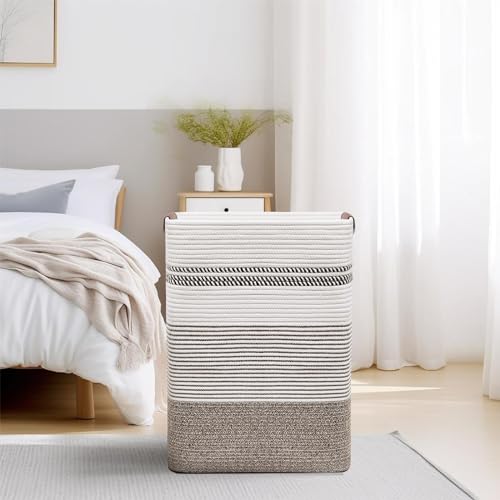 DOFASAYI Laundry Basket - 85L Large Cotton Rope Blanket Basket with Leather Handles, Decorative Storage Hamper, Clothes Hamper for Living Room, Bedroom, Rice Brown & White - color: Rice Brown & White, size: 85L